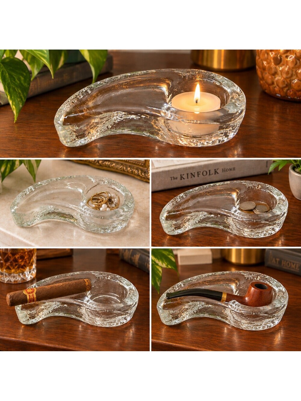Vintage Pilgrim Glass MCM Clear Art Glass Cigar Pipe Ashtray Handmade USA
